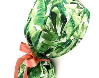 Tropical Leaf Ponytail Scrub Cap: Cotton Surgical Hat with Tie Backs
