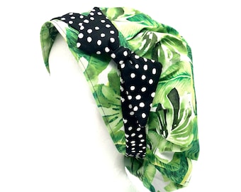 Tropical Leaves Bouffant Scrub Cap: Handmade Cotton Working Hat with Polka Dot Bow