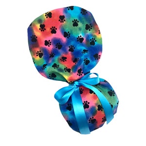 Rainbow Dog Paw Ponytail Scrub Cap: Handmade Surgical Hat