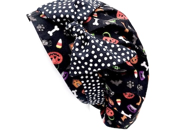 Halloween Bouffant Scrub Cap: Tossed Pumpkins, Witches Hats, Candy Corn