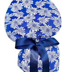 Ponytail scrub cap, select from 2 tie back colors, OR scrub hats, white daisies on blue. Choose matching fabric or satin ribbon tie backs.