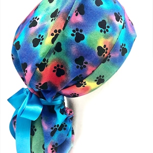 Rainbow Dog Paw Print Scrub Cap: Satin Ribbon Tie-Back, Ponytail Style