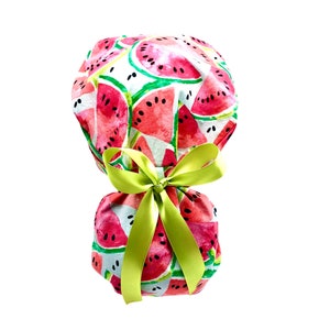 Watermelon Ponytail Scrub Cap: Pale Blue Surgical Hat, Ribbon Tie Backs