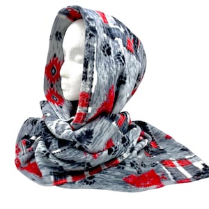 Fleece Hooded Scarf: Black Bear Paw Print, Handmade Hood Scarf