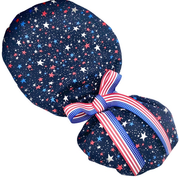 4th of July scrub cap, USA hat, ponytail scrub cap for women, surgical caps, or scrub hats. Choose matching fabric or satin ribbon tie backs