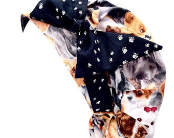 Bouffant scrub caps, scrub hat, its a dogs life print surgical cap, side knot headband bow. Modern, less puffy cap with elastic pocket.