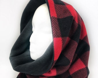 Reversible Fleece Hooded Scarf, Lumberjack Plaid Cowl