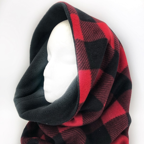 Hooded scarf, super warm plush reversible fleece hood scarf. Classic lumberjack red black pattern cowl scarf. Stay warm this winter!