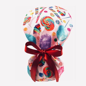 Ponytail scrub cap, candy and cupcakes, surgical cap, elasticated pocket for long hair. Choose matching fabric or satin ribbon tie backs.