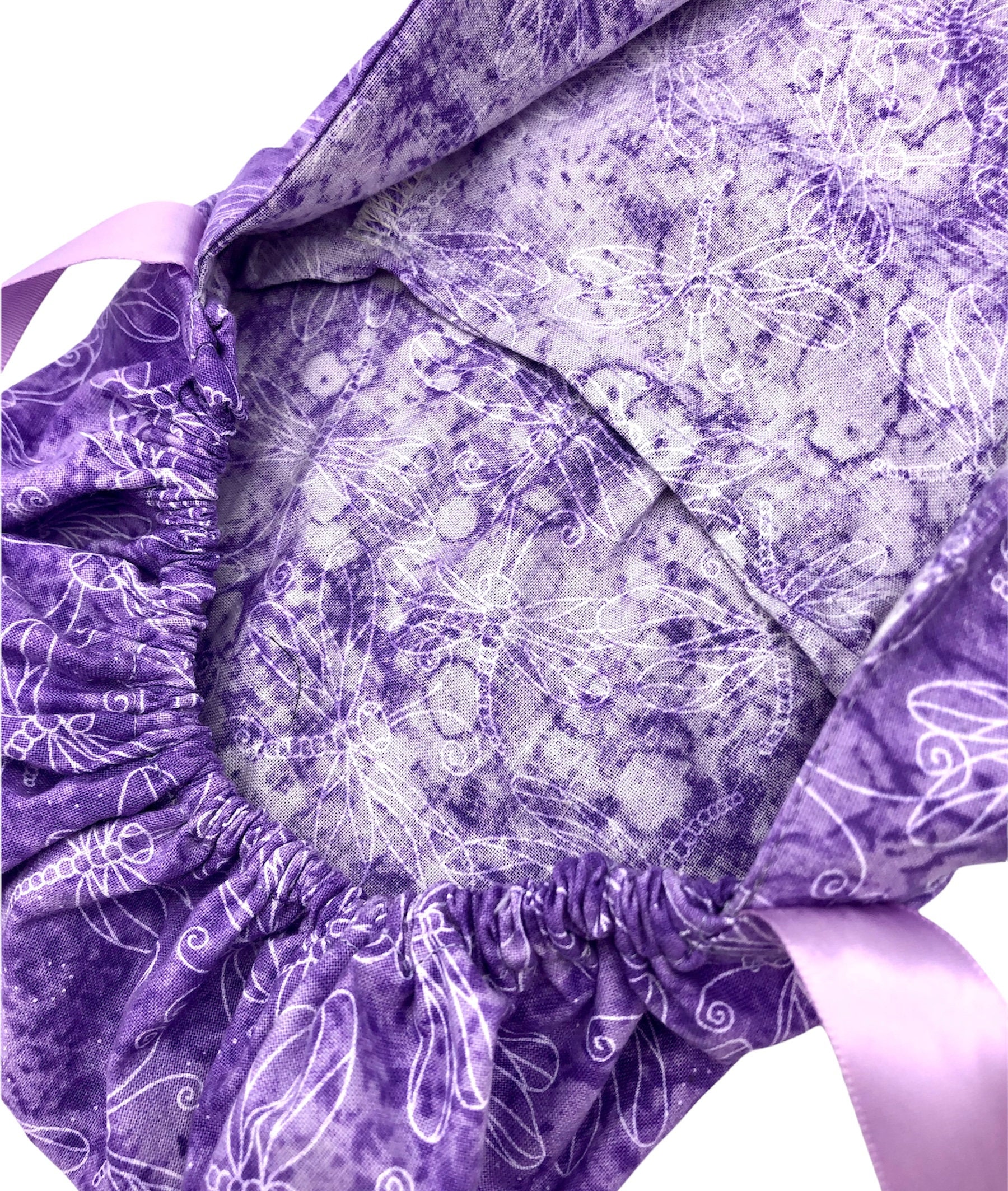 Select the satin ribbon tie backs from 3 color options. in white dragonflies on lavender background Ponytail Scrub Cap 