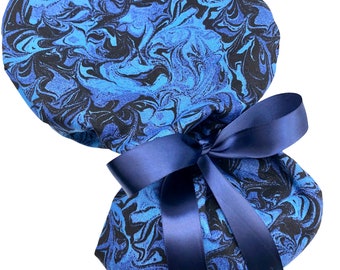 Ponytail scrub cap, select from 3 tie back colors, shades of blue on black, surgical cap, nurse cap with satin ribbon tie backs.