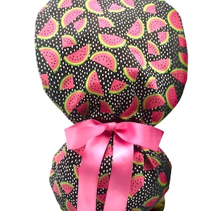 Watermelon Ponytail Scrub Cap: Surgical Hat with Satin Ribbon Ties