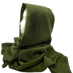 May include: A green fleece hooded scarf. The scarf is made of soft, warm fleece and has a hood that can be pulled up over the head. The scarf is perfect for keeping warm in cold weather.