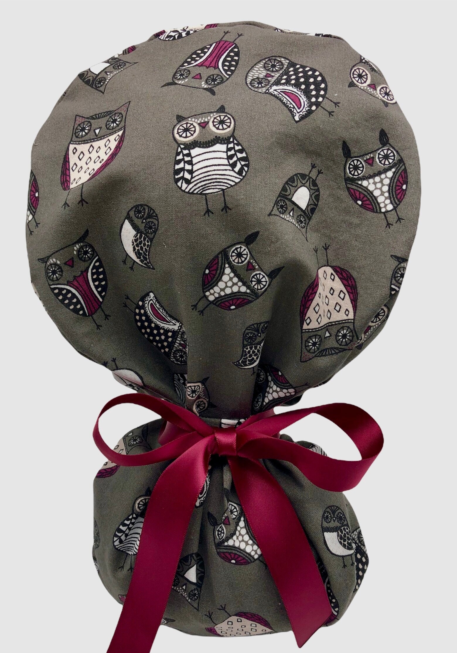Ponytail scrub cap, night owls a watching, pre-washed cotton surgical cap, elasticated ponytail pock