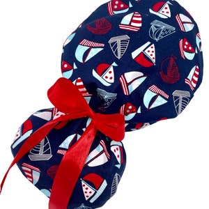 Sailboats Ponytail Scrub Cap: Cotton Surgical Hat with Ribbon Ties