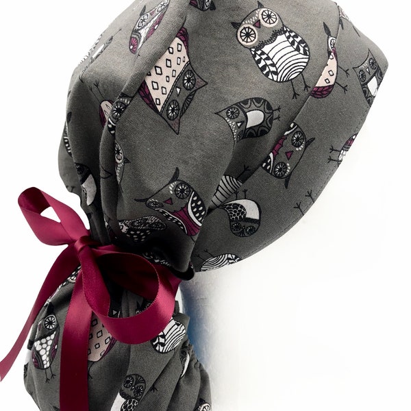Ponytail scrub cap, night owls a watching, pre-washed cotton surgical cap, elasticated ponytail pocket. Matching fabric or satin ribbon ties
