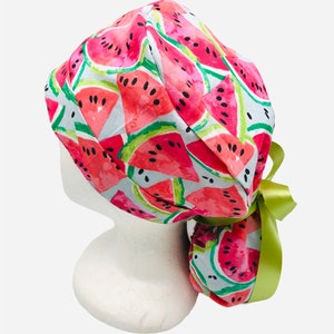 Watermelon Ponytail Scrub Cap: Healthcare Worker Hat with Ribbon Tie