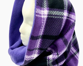 Hooded Scarf, Reversible two layer purple, black and white plaid hood scarf or cowl with many styling options. Stay super warm this winter!