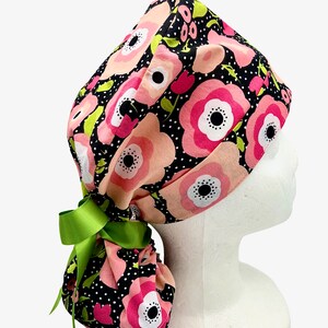 Ponytail scrub cap, surgical cap, scrub hat for women, mimosa spring fling pattern. Select Tie Backs from Matching Fabric or Satin Ribbon.