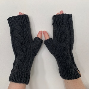 Dark Grey Hand Knit Fingerless Gloves, Fingerless Mittens