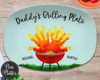Handprint Custom Grilling Plate, Personalized Platter for Father's Day, Gift for Dad from Kids, Handprint Plate for Daddy or Grandpa