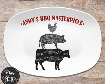 BBQ Grilling Serving Platter, Personalized Serving Tray, Father's Day BBQ Gift, Grilling Plate, Gifts for Him, Cow Pig Chicken Butcher Cuts