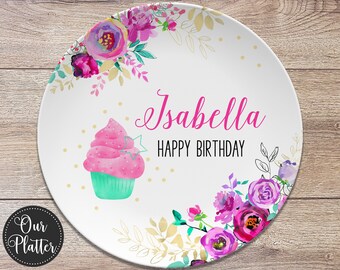 Happy Birthday Personalized Plate, Floral Cupcake, Birthday 10" Plate, First Birthday Girl, Party Plate, Kids Plastic Plate, Teen Birthday