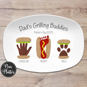 Daddy&#39;s Grilling Buddies Burger Hot Dog Plate | Handprint Footprint Paw | Personalized Gift for Father&#39;s Day for Dad from Kids
