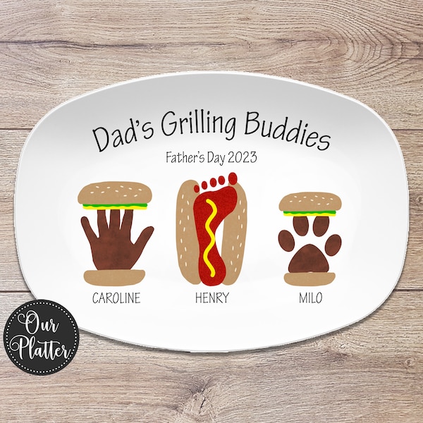 Daddy's Grilling Buddies Burger Hot Dog Plate | Handprint Footprint Paw | Personalized Gift for Father's Day for Dad from Kids