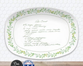 Handwritten Recipe Platter from Photo | Greenery Toile Custom Family Recipe Keepsake Plate | Personalized Mothers Day Gift for Grandma, Mom