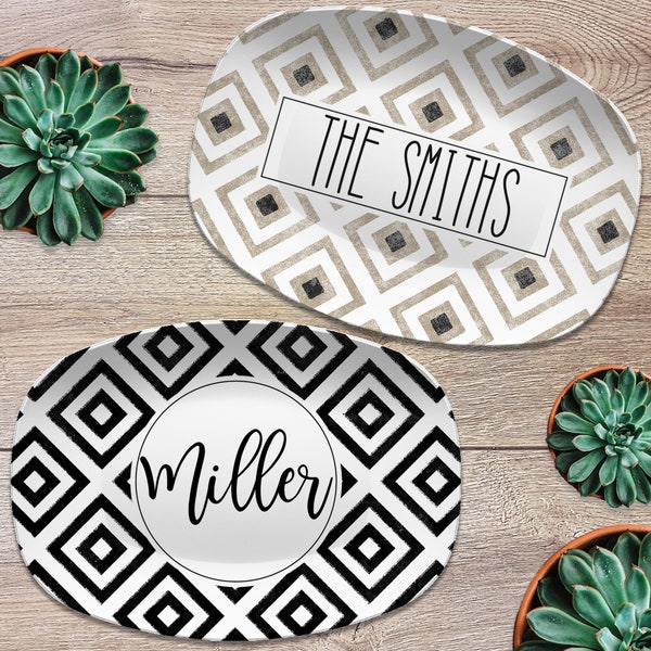 Distressed Diamond Aztek, Boho, Farmhouse Style  Personalized Platters