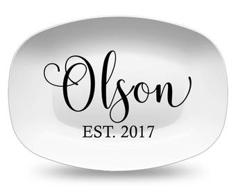 Custom Script Personalized Platter, Last Name and Established Date, Black and White Design