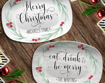 Large Holly Wreath Farmhouse Personalized Platter | Merry Christmas • Peace Joy Love • Tis the Season • Eat Drink Be Merry