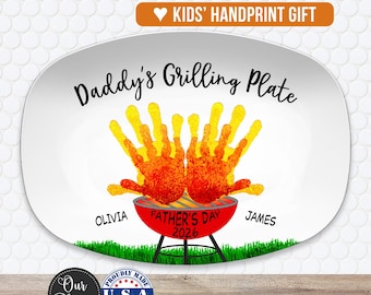 Handprint Custom Grilling Plate, Personalized Platter for Father's Day, Gift for Dad from Kids, Handprint Plate for Daddy or Grandpa
