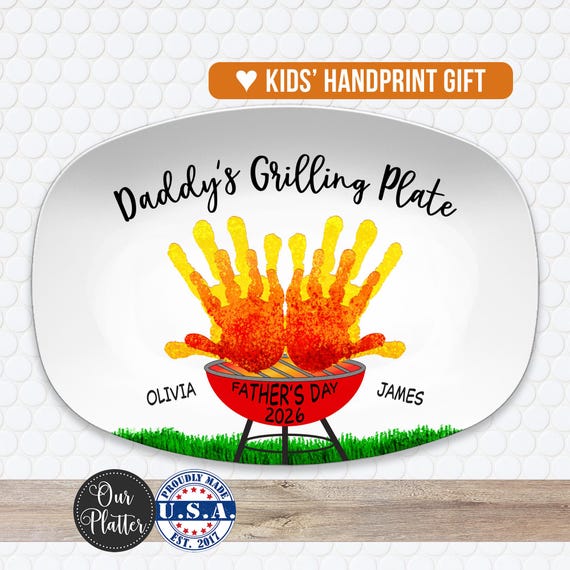 Handprint Custom Grilling Plate, Personalized Platter for Father's Day, Gift for Dad from Kids, Handprint Plate for Daddy or Grandpa