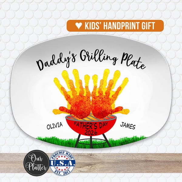 Handprint Custom Grilling Plate, Personalized Platter for Father's Day, Gift for Dad from Kids, Handprint Plate for Daddy or Grandpa