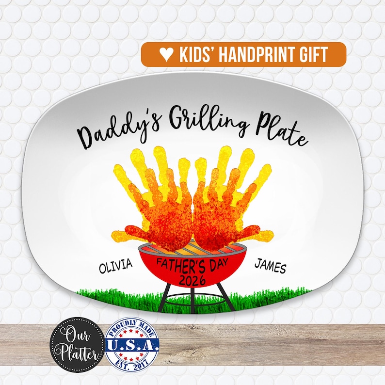 Handprint Custom Grilling Plate, Personalized Platter for Father's Day, Gift for Dad from Kids, Handprint Plate for Daddy or Grandpa bild 1