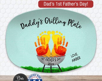 Personalized 1st Father’s Day Handprint BBQ Platter, First Father’s Day Gift from Baby, Custom Grilling Gift for Dad