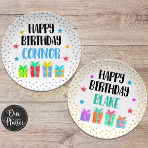 Happy Birthday Gifts Dots Stars Personalized Plate, Birthday 10&quot; Plate, First Birthday Girl Boy, Party Plate, Kids Plastic Plate