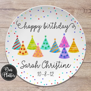 Happy Birthday Party Hats Dots Personalized Plate, 10&quot; Plate, First Birthday Girl Boy, Party Plate, Kids Plastic Plate, Teen Birthday