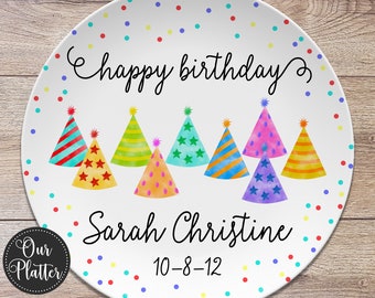 Happy Birthday Party Hats Dots Personalized Plate, 10" Plate, First Birthday Girl Boy, Party Plate, Kids Plastic Plate, Teen Birthday