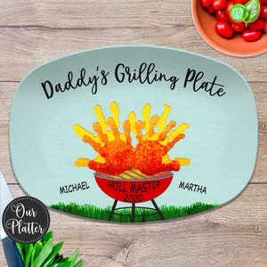 Handprint Custom Grilling Plate, Personalized Platter for Father's Day, Gift for Dad from Kids, Handprint Plate for Daddy or Grandpa