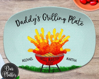 Handprint Custom Grilling Plate, Personalized Platter for Father's Day, Gift for Dad from Kids, Handprint Plate for Daddy or Grandpa