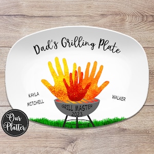 Handprint Art Grilling Plate, Personalized Platter for Father's Day, Gift for Dad from Kids and Pets