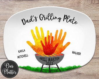 Handprint Art Grilling Plate, Personalized Platter for Father's Day, Gift for Dad from Kids and Pets