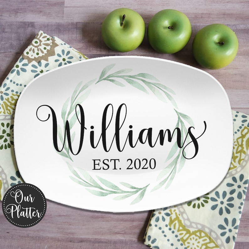 Custom Farmhouse Personalized Platter, Family Last Name Wreath Gift Plate for Wedding Shower Anniversary Housewarming image 1