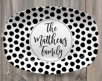 Patterned Personalized Custom Platter | Aztek • Dots • Black and White • Blue and White