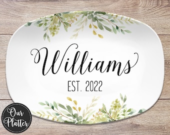 Personalized Platter, Greenery Custom Name Family Plate, Gift for Wedding, Anniversary, Shower