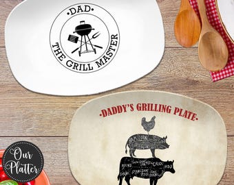 BBQ Grilling Platter Personalized Serving Tray, Fathers Day BBQ Gifts, Grilling Plate, Gifts for Him, Butcher Cuts, Cow Pig Chicken