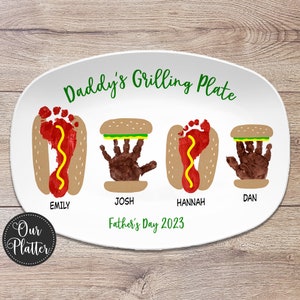 Burger Hot Dog Handprint Footprint Custom Plate, Personalized Gift for Father's Day, Gift for Dad from Kids